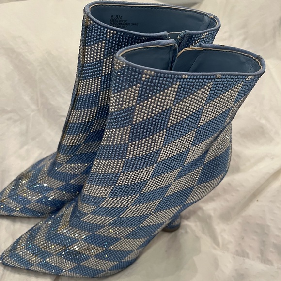 New Gianni Bini Alford Checkered Rhinestone Flared Heel Booties - Picture 3 of 11